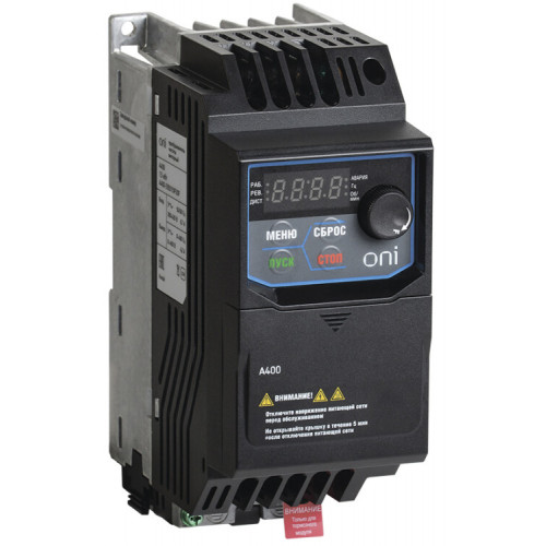Преобразователь частоты A400 220В, 1Ф 0,4 kW 2,5А серии ONI | A400-21E0040IP20F | ONI