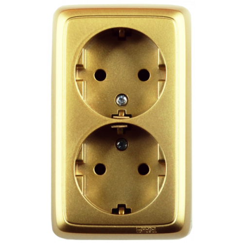 Розетка открытой установки, двухместная, с заземляющим контактом, цвет золото | РА16-151-07 | HEGEL