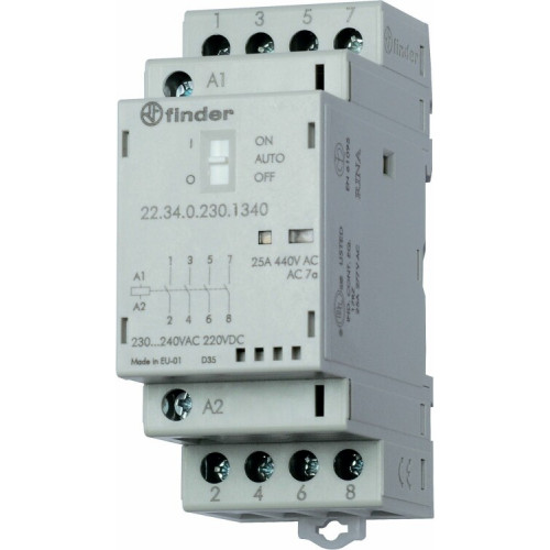 Модульный контактор; 3NO+1NC 25А; контакты AgSnO2; катушка 24В АС/DC; ширина 35мм; степень защиты IP20 | 223400244740PAS | Finder