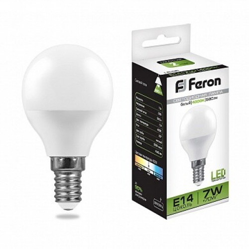 Лампа светодиодная LB-95 (7W) 230V E14 4000K G45 | 25479 | FERON