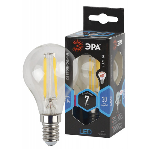 Лампа светодиодная F-LED P45-7W-840-E14 (филамент, шар, 7Вт, нейтр, E14) | Б0027947 | ЭРА