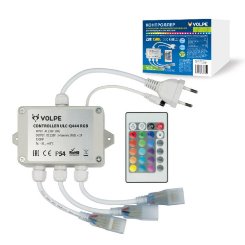 Контроллер для управления LED RGB ULS-5050 лентами 220В, ULC-Q444 RGB WHITE 3 выхода, 1440Вт, с пультом ДУ ИК. | UL-00002275 | Volpe