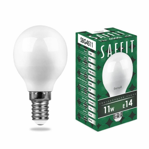 Лампа светодиодная SBG4511 11W 4000K 230V E14 G45 | 55138 | SAFFIT