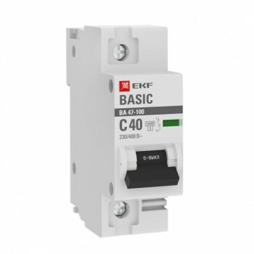 Выключатель автоматический однополюсной 1P 40А (C) 10kA ВА 47-100 EKF Basic | mcb47100-1-40C-bas | EKF