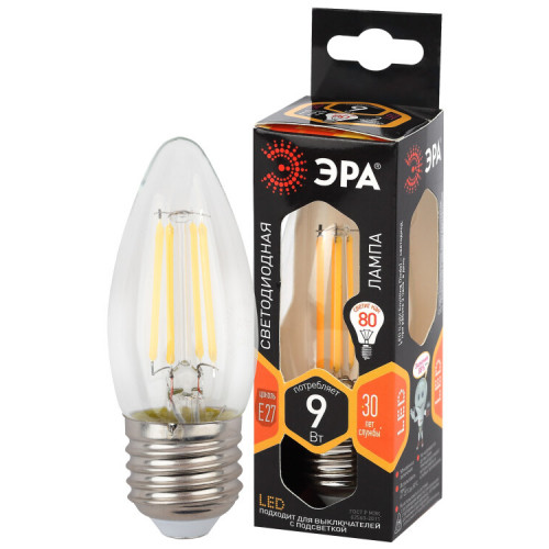 Лампа светодиодная F-LED B35-9w-827-E27 (филамент, свеча, 9Вт, тепл, E27) | Б0046993 | ЭРА
