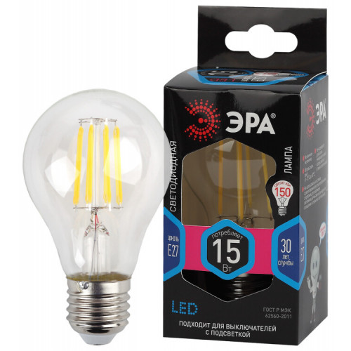 Лампа светодиодная F-LED A60-15W-840-E27 (филамент, груша, 15Вт, тепл, Е27) | Б0046983 | ЭРА