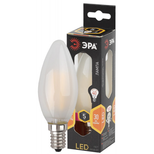 Лампа светодиодная F-LED B35-5W-827-E14 frost Лампы СВЕТОДИОДНЫЕ F-LED ЭРА (филамент, свеча мат., 5Вт, тепл, E14) | Б0027925 | ЭРА
