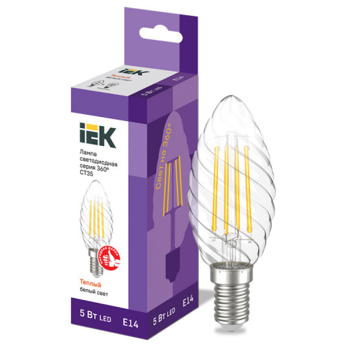 Лампа светодиодная LED CT35 свеча вит. 5Вт 230В 3000К E14 серия 360° | LLF-CT35-5-230-30-E14-CL | IEK