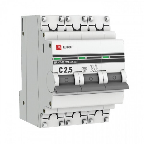 Выключатель автоматический трехполюсный ВА 47-63 2,5А C 4,5кА PROxima | mcb4763-3-2.5C-pro | EKF