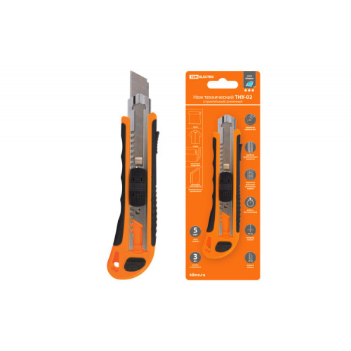 Нож технический (строительный) усиленный, ТНУ-02, 18 мм, 3 сегментированных лезвия, автосмена, серия | SQ1033-0102 | TDM