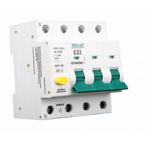 Автоматический выключатель дифференциального тока АВДТ 3Р+N 32А 100мА тип AC х-ка С ДИФ-103 6кА | 16219DEK | DEKraft