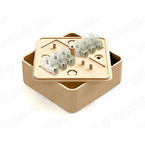 Коробка распределительная для о/п 75х75х28мм с клеммной колодкой ЗВИ-5 (1,5-4мм2) 6 клемм, IP40, цвет -ДУБ (80шт) | GE41216-12 | GREENEL