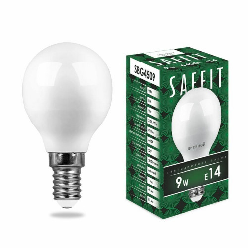 Лампа светодиодная SBG4509 9W 6400K 230V E14 G45 | 55125 | SAFFIT