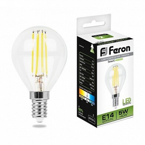 Лампа светодиодная LB-61 (5W) 230V E14 4000K филамент G45 прозрачная | 25579 | FERON