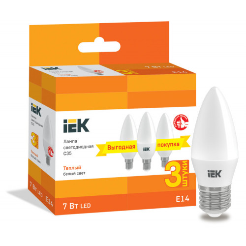 Лампа светодиодная LED C35 свеча 7Вт 230В 3000К E14 (3шт/упак) | LLE-C35-07-230-30-E14-3 | IEK
