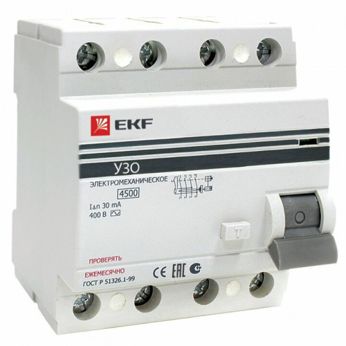 Выключатель дифференциальный (УЗО) ВД-100 4P 16А/30мА (тип АС, электромеханическое) PROxima | elcb-4-16-30-em-pro | EKF