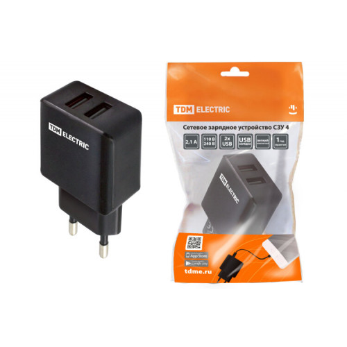 Сетевое зарядное устройство, СЗУ 4, 2,1 А, 2 USB, черный, | SQ1810-0021 | TDM