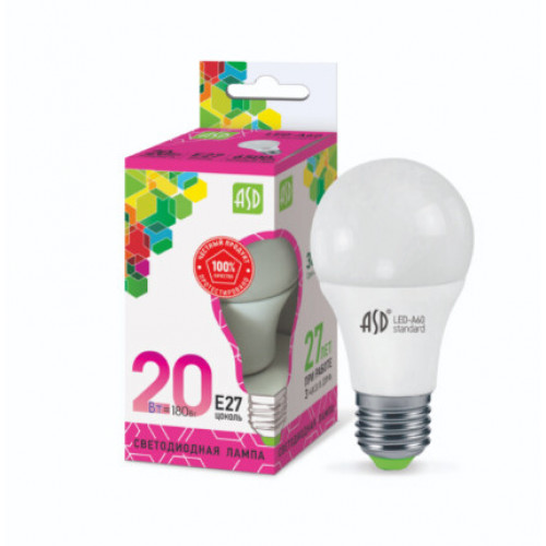 Лампа светодиодная LED-A60-standard 20Вт 230В Е27 6500К 1800Лм | 4690612014210 | ASD