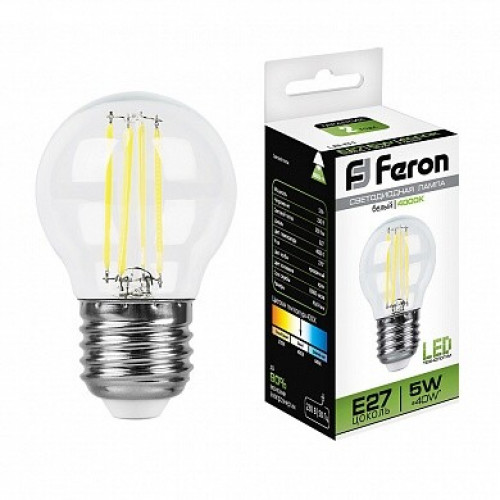 Лампа светодиодная LB-61 (5W) 230V E27 4000K филамент G45 прозрачная | 25582 | FERON