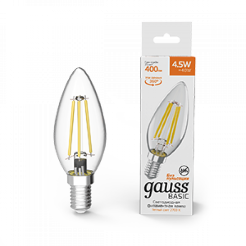 Лампа светодиодная Basic Filament Свеча 4,5W 400lm 2700К Е14 LED 1/10/50 | 1031115 | Gauss
