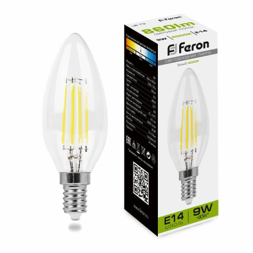 Лампа светодиодная LB-73 (9W) 230V E14 4000K филамент С35 прозрачная | 25958 | FERON