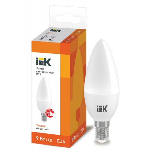 Лампа светодиодная LED 9Вт 230В 3000К E14 свеча | LLE-C35-9-230-30-E14 | IEK