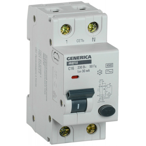 Выключатель автоматический дифференциального тока АВДТ 32 1п+N 16А C 30мА тип AC GENERICA | MAD25-5-016-C-30 | IEK