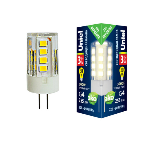 Лампа светодиодная LED-JC-220/3W/3000K/G4/CL GLZ09TR LED, прозр 3000К | UL-00006742 | Uniel