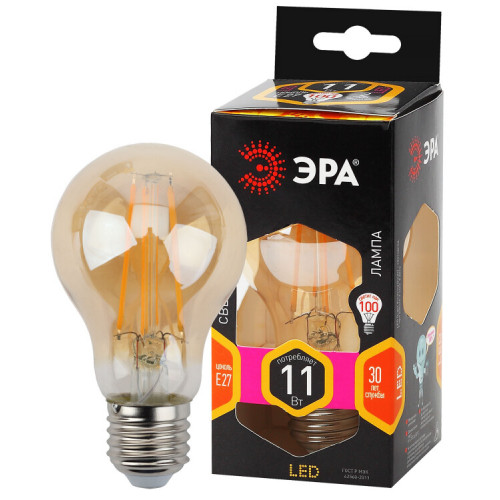 Лампа светодиодная F-LED A60-11W-827-E27 gold (филамент, груша золот., 11Вт, тепл, Е27) | Б0035039 | ЭРА