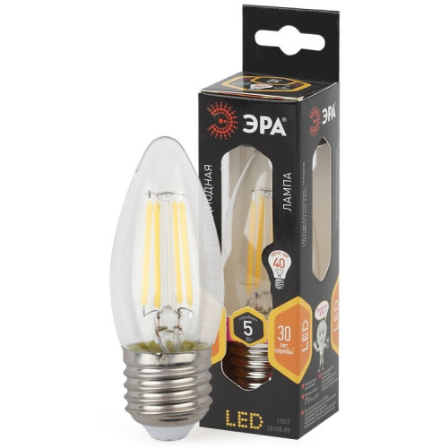 Лампа светодиодная F-LED B35-5W-827-E27 Лампы СВЕТОДИОДНЫЕ F-LED ЭРА (филамент, свеча, 5Вт, тепл, E27) | Б0027933 | ЭРА