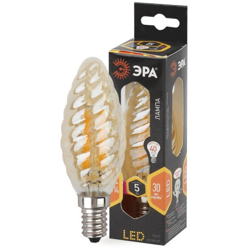 Лампа светодиодная F-LED BTW-5W-827-E14 gold Лампы СВЕТОДИОДНЫЕ F-LED ЭРА (филамент, свеча витая золот., 5Вт, тепл, E14) | Б0027941 | ЭРА