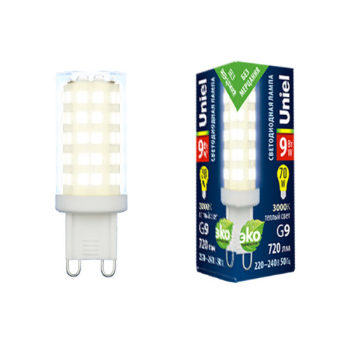 Лампа светодиодная LED-JCD-9W/3000K/G9/CL GLZ09TR LED, прозр 3000К | UL-00006488 | Uniel