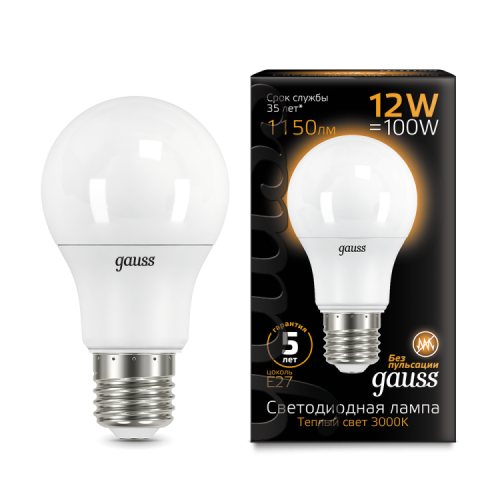 Лампа светодиодная LED 12Вт E27 220В 2700К A60 шар | 102502112 | Gauss