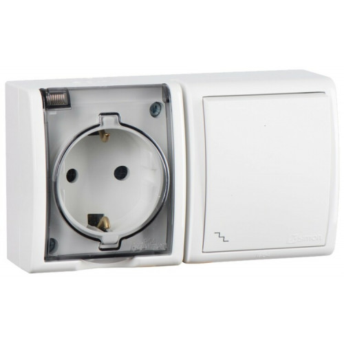 Блок IP54. Розетка с крышкой и заземлением Schuko 2Р+Е 16A + Переключатель (проходной) 10AX 250В белого цвета S15 Aqua | 1594516-030 | Simon