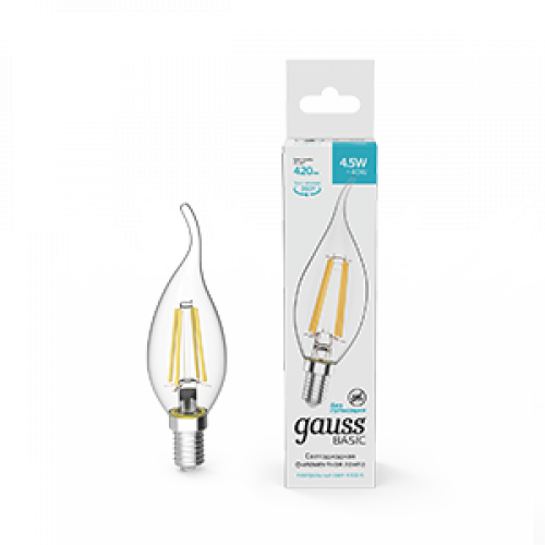Лампа светодиодная Basic Filament Свеча на ветру 4,5W 420lm 4100К Е14 LED 1/10/50 | 1041125 | Gauss
