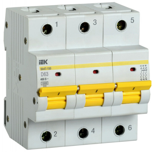 Выключатель автоматический трехполюсный ВА47-150 63А D 15кА | MVA50-3-063-D | IEK