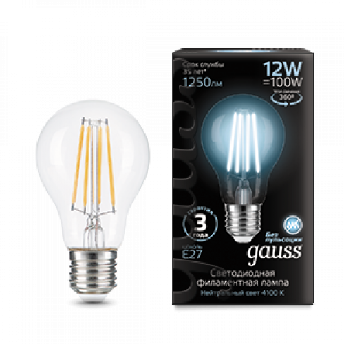 Лампа светодиодная Filament А60 12W 1250lm 4100К Е27 LED 1/10/40 | 102902212 | Gauss