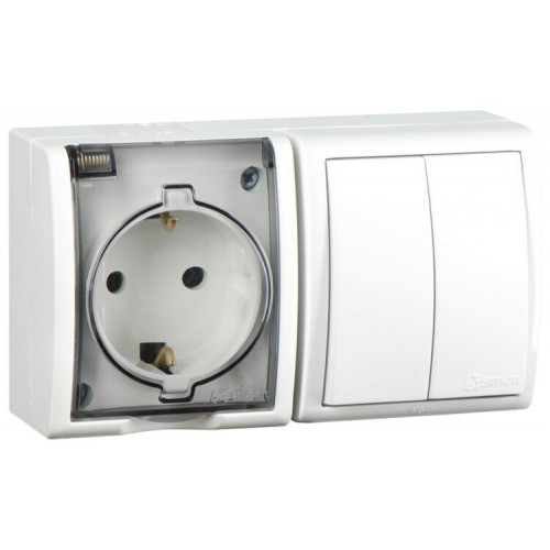 Блок IP54. Розетка с крышкой и заземлением Schuko 2Р+Е 16A + Двухклавишный выключатель 10AX 250В белого цвета S15 Aqua | 1594515-030 | Simon