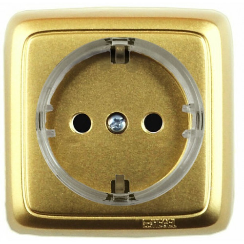 Розетка открытой установки, одноместная, с заземляющим контактом, со шторкой, цвет золото | РА16-172-07 | HEGEL