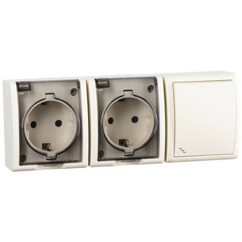 Блок IP54. Розетка двойная с крышкой и заземлением Schuko 2x2Р+Е 16A + Переключатель (проходной) 10AX 250В цвета слоновая кость S15 Aqua | 1594526-031