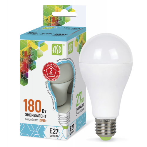 Лампа светодиодная LED-A60-standard 20Вт 230В Е27 4000К 1800Лм | 4690612004204 | ASD