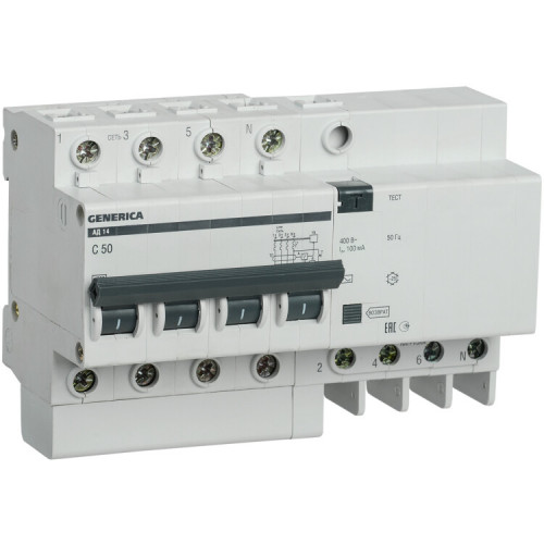 Выключатель автоматический дифференциального тока АД14 GENERICA 4п 50А C 100мА тип AC (8 мод) | MAD15-4-050-C-100 | IEK