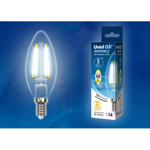Лампа светодиодная LED-C35-5W/NW/E14/CL/DIM GLA01TR LED диммируемая. 