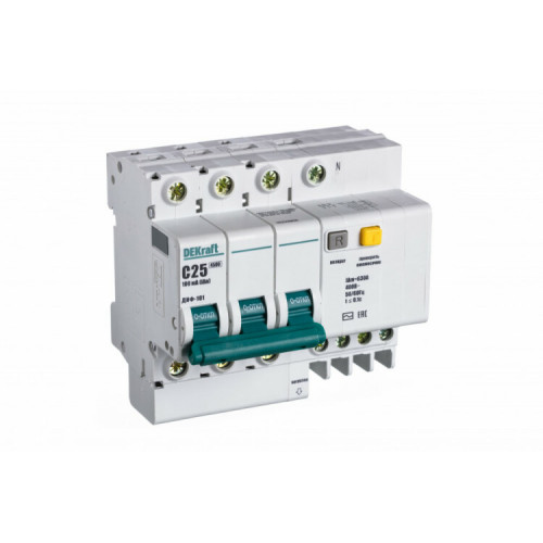 Выключатель автоматический дифференциального тока со встроенной защитой от сверхтоков ДИФ-101 3P+N 25А 100мА AC С | 15222DEK | DEKraft