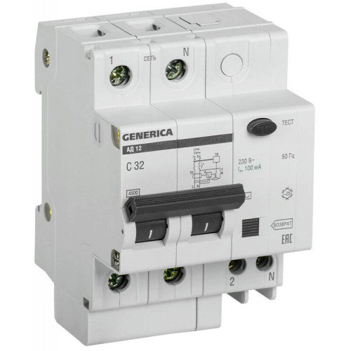 Выключатель автоматический дифференциального тока АД12 GENERICA 2п 32А C 100мА тип AC (4 мод) | MAD15-2-032-C-100 | IEK