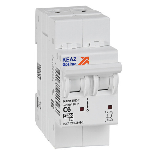 Выключатель автоматический двухполюсной OptiDin BM63-2C6-4,5-УХЛ3 | 326801 | КЭАЗ