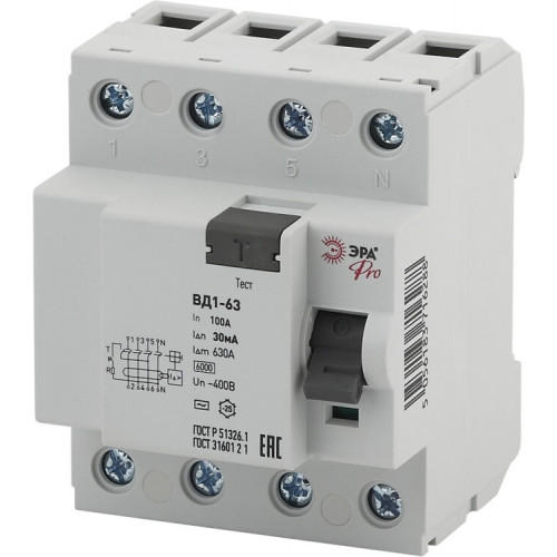 Выключатель дифференциальный (УЗО) (электромеханическое) NO-902-53 ВД1-63 3P+N 100А 30мА Pro | Б0031892 | ЭРА