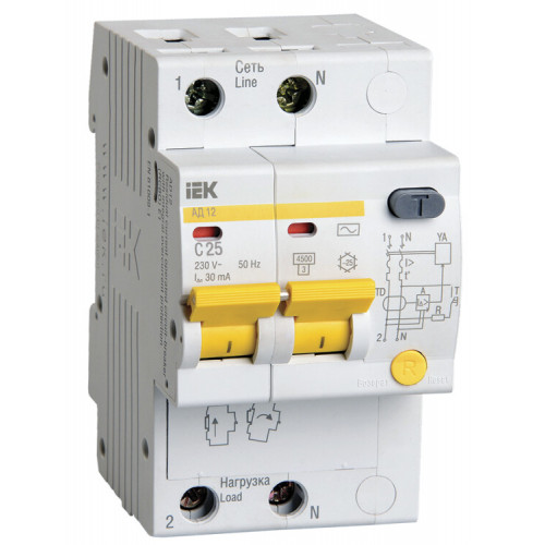Выключатель автоматический дифференциального тока АД12 2п 25А C 30мА тип AC (3 мод) | MAD10-2-025-C-030 | IEK