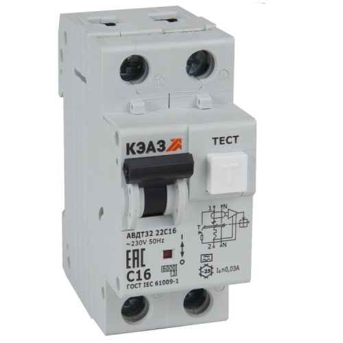 Выключатель автоматический дифференциального тока АВДТ32-22C16-A-УХЛ4 2п 16А C 30мА тип A | 228065 | КЭАЗ