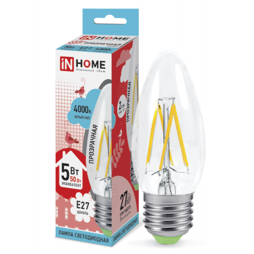Лампа светодиодная LED-СВЕЧА-deco 5Вт 230В Е27 4000К 450Лм прозр | 4690612007595 | IN HOME